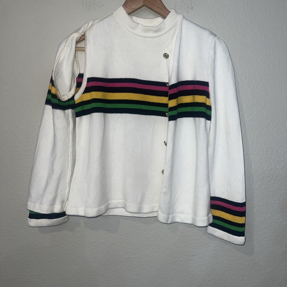 ST JOHN Sport LOT 2 Cardigan/Tank Top WHITE Striped Knit Round-neck SMALL/PETITE